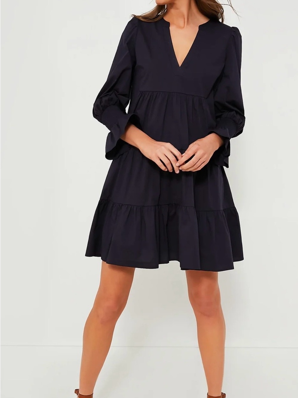 Pomander Place Navy V-Neck 100% CottonTiered Mini Dress